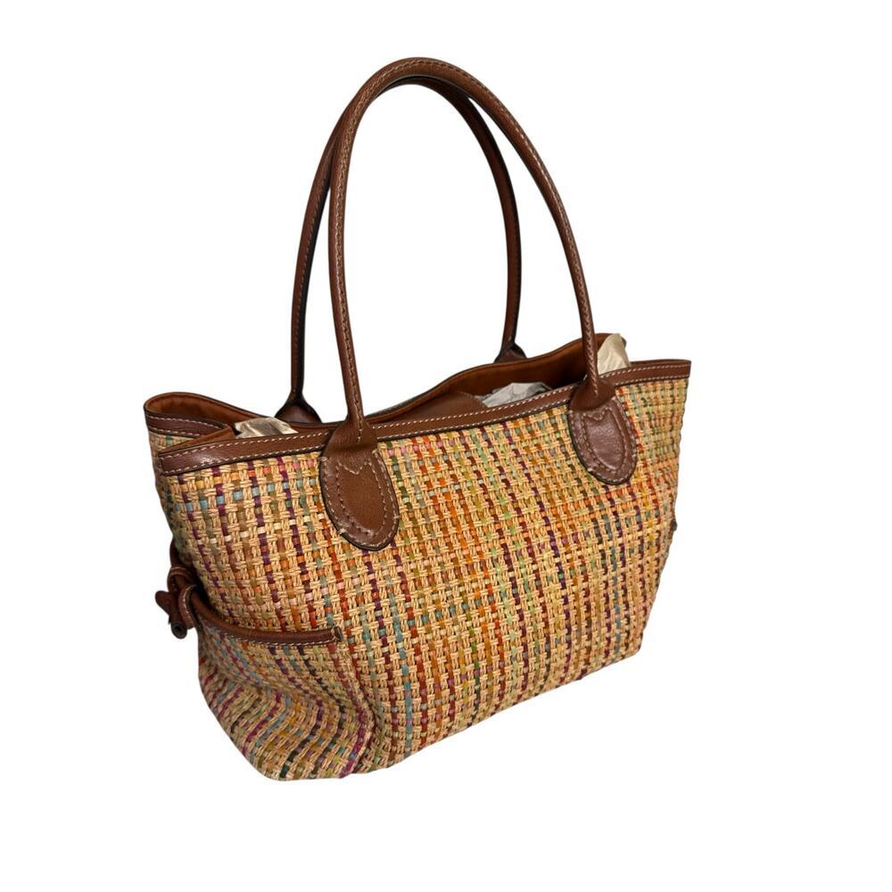 Fossil Woven Straw Leather Trim Tote Multicolor Market Bag Shoulder Bag EUC - Picture 2 of 8